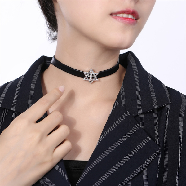 Girls Choker Necklace for Women Cross Star of David Charm Black Leather  Tattoo Necklace